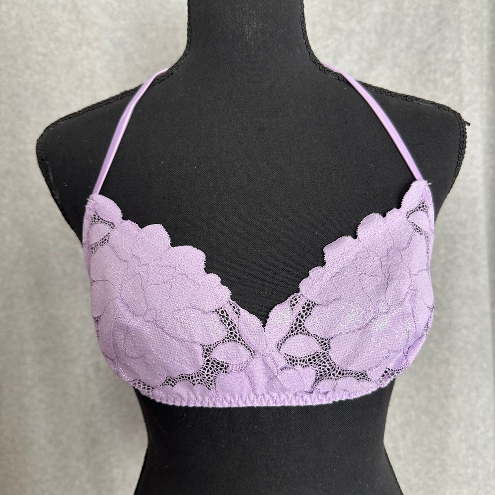 Savage X Fenty Lavender Shimmer Glow Floral Lace Halter Bralette Back Bow Medium